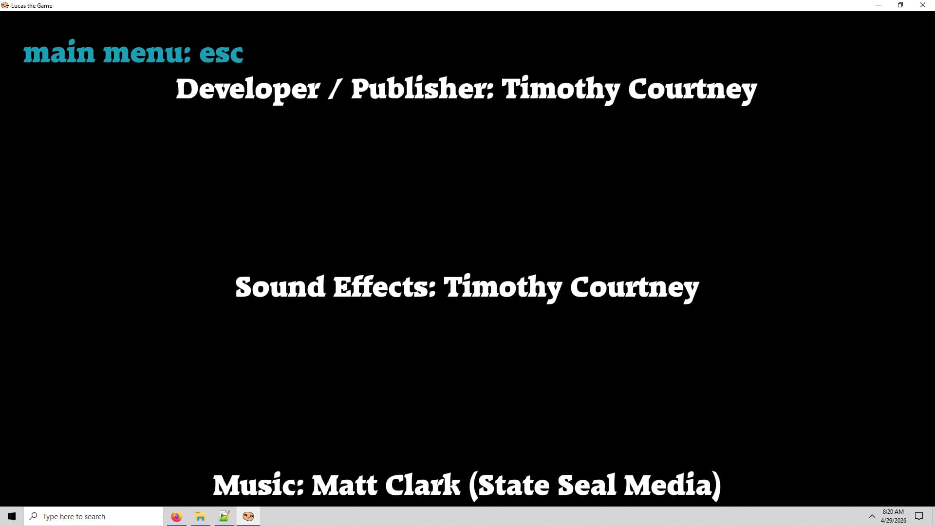 This is the in-game credits menu of Lucas the Game (2015)